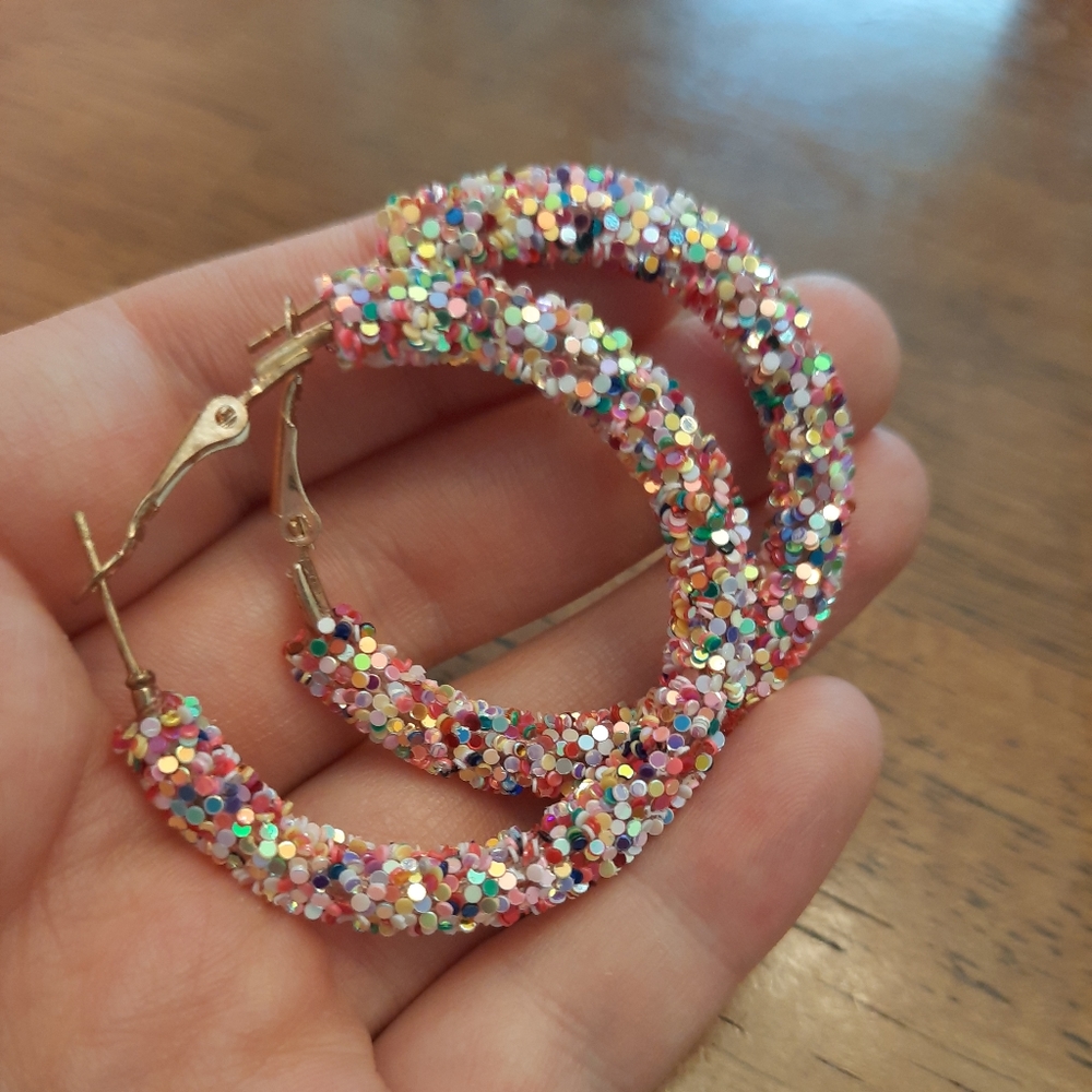 Sparkling Multicolor Sequin Hoop Earrings - Gold Tone